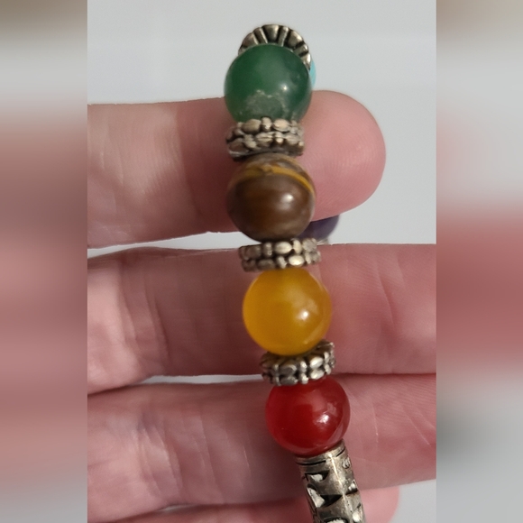 7 Chakra Heart Gemstone Bracelet Silver Filigree Tone Stretch Euc - Picture 5 of 6